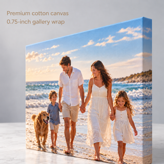 Close-up of a custom family photo canvas print showing premium cotton canvas and a 0.75-inch gallery wrap, with beige text on a gray studio background