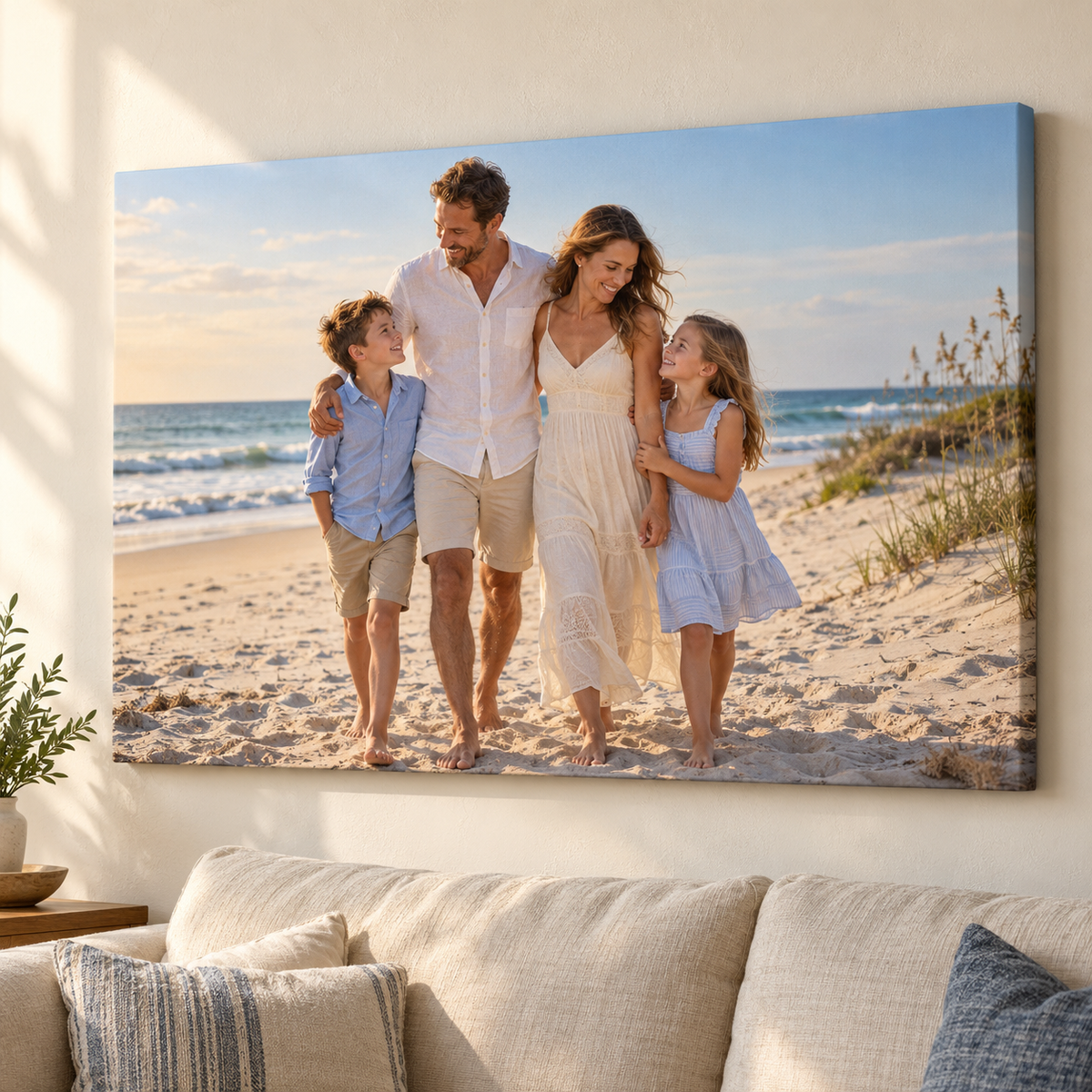Custom family photo printed on a gallery-wrapped canvas above a neutral sofa