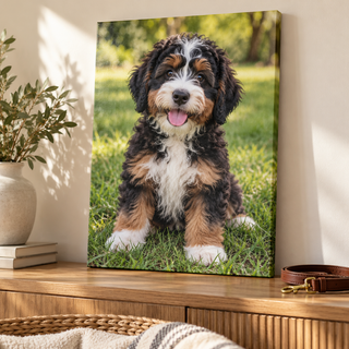Personalized pet photo canvas print featuring a tricolor Bernedoodle puppy on an oak console