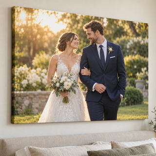 Custom wedding photo canvas print of a newly married couple displayed above a linen headboard